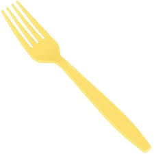 Yellow plastic fork disposable on a white background