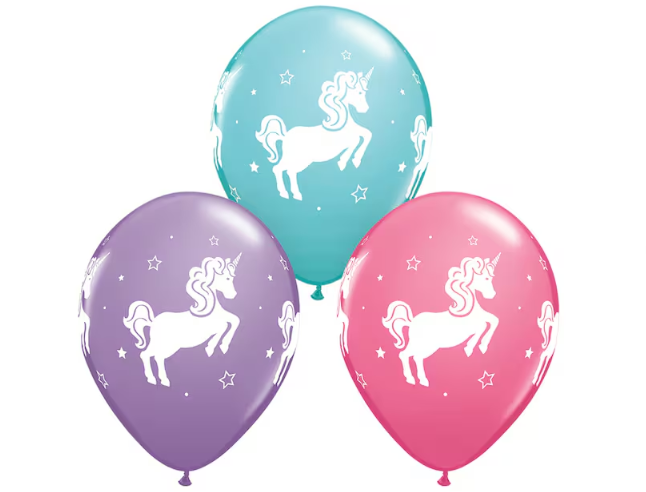 Three balloons with unicorn designs on a white background
