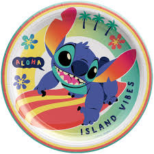 Stitch Colorful plate with cartoon character holding a surfboard and 'Aloha Island Vibes' text.
